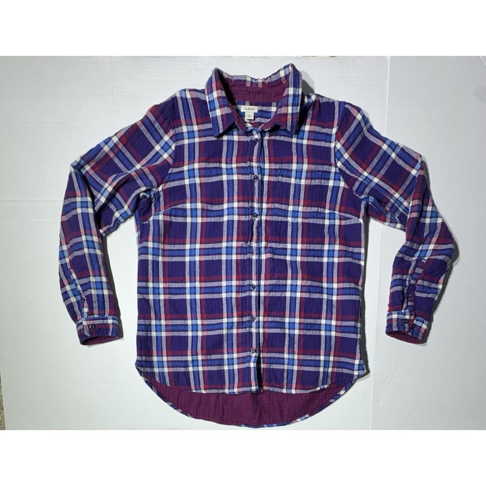 L.L.Bean Mens Flannel Button Up‎ Shirt Medium Red Blue White Plaid